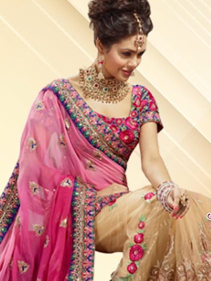 Pink and beige embroidered bridal saree