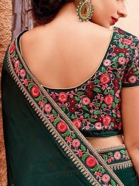 Bottle-green saree with floral thread embroidery